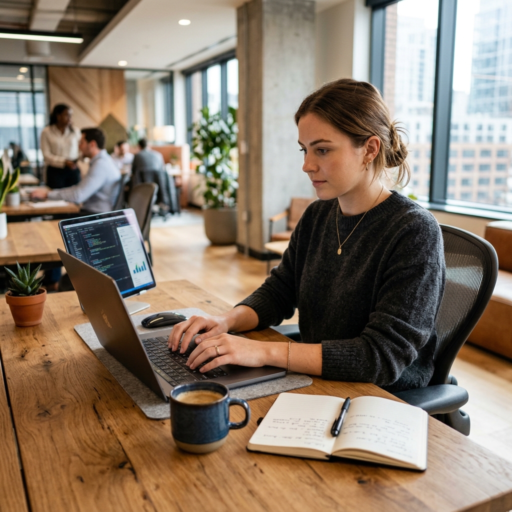 Focused woman working at desk
